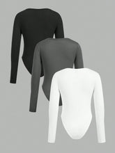 3pcs/Set Women Solid Color Knit Button Half Open Front Long Sleeve Casual Bodysuit, Autumn/Winter